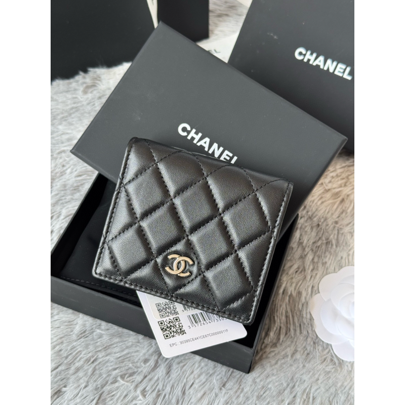 Chanel Black Lambskin Small folded wallet Silver hardware