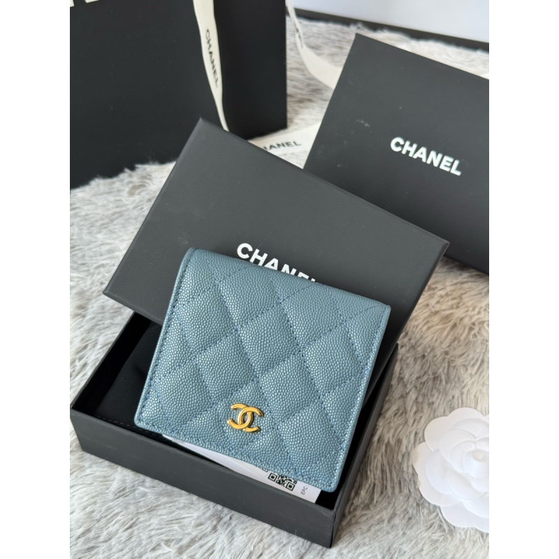 Chanel Blue grained leather Small folded wallet gold hardware
