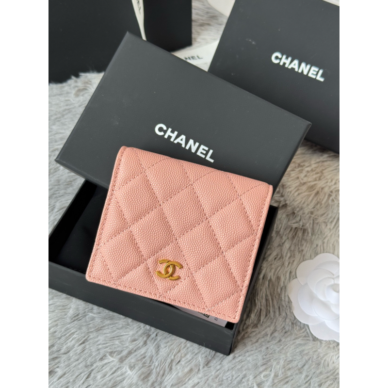 Chanel Pink grained leather Small folded wallet gold hardware
