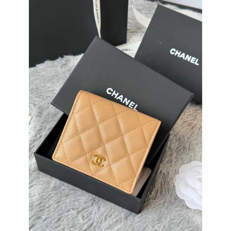 Chanel Beige grained leather Small folded wallet gold hardware