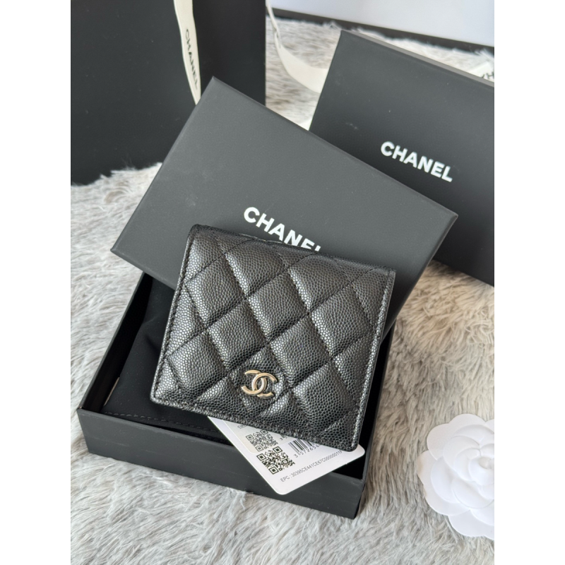Chanel Black grained leather Small folded wallet Silver hardware
