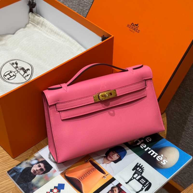 Hermes Kelly Pochette in Swift Leather-Rose lipstick
